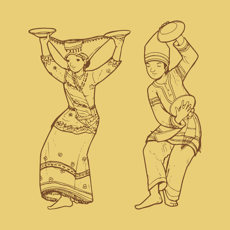 Line art illustration of traditional West Sumatra Indonesian dance tari piring or plate dancingのイラスト素材