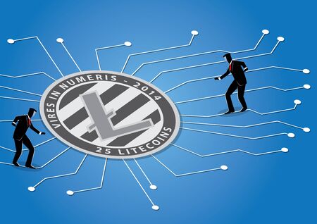 Illustration of businessman walking on circuit towards crypto currency symbolのイラスト素材