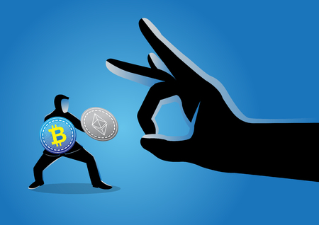 Vector illustration of a giant hand flicking away a businessman holding bitcoinsのイラスト素材