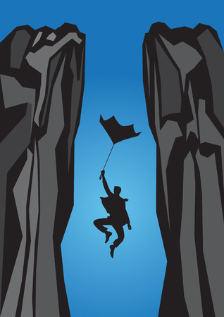 Scared businessman falling down form a broken umbrella and screamingのイラスト素材