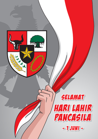 An Illustration of man hold Indonesian Flag with Pancasila Symbol, marks the date of Sukarno's 1945 address on the national ideologyのイラスト素材