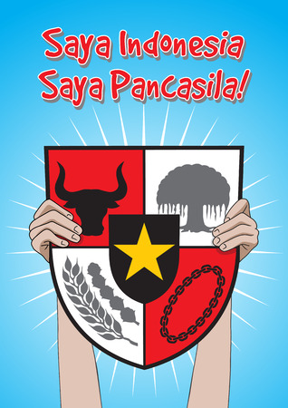 An Illustration of man hold Pancasila Shield, marks the date of Sukarno's 1945 address on the national ideologyのイラスト素材