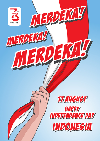 An Illustration of man hold Indonesian Flag with patriotic sloganのイラスト素材