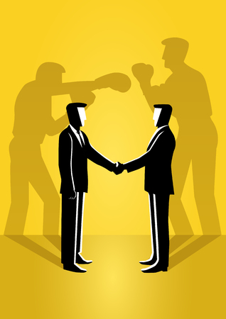 An illustration of two businessman shaking hand with their true reflection on the wallのイラスト素材