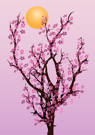 An illustration of cherry blossom tree and full moonのイラスト素材