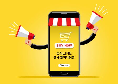 Illustration of cell phone selling goods using two loudspeakerのイラスト素材