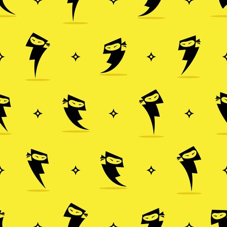 Illustration of black bolt ninja flat pattern on lemon color backgroundのイラスト素材