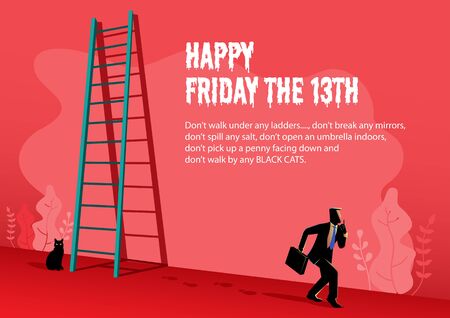 Illustration of Happy superstition, Friday with a businessman walking passed under the ladder and black cat behindのイラスト素材