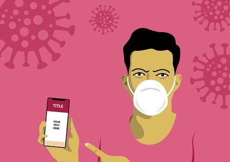 An illustration of a man holding mobile phone with mask protectionのイラスト素材