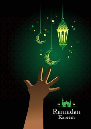 Ramadan kareem with arabic traditional lantern and islamic ornamental detail of mosaic for islamic greeting.のイラスト素材