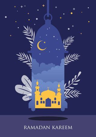 Ramadan kareem with arabic traditional lantern and islamic ornamental detail of mosaic for islamic greeting.のイラスト素材