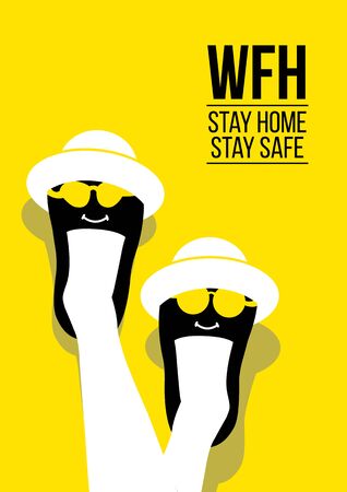 An illustration of people work from home on yellow backgroundのイラスト素材