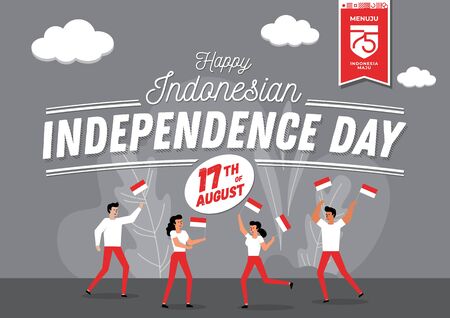 An illustration of indonesian people carrying national flag. Flat isometric vector concept. Menuju Indonesia maju means towards Indonesia forwardのイラスト素材