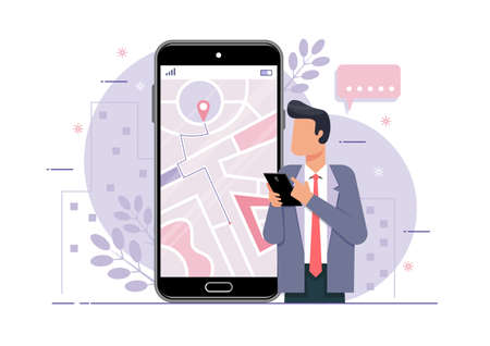 An illustration of a businessman Using Gadget Online Navigation App Concept. Watching on Mobile Phone Screenのイラスト素材
