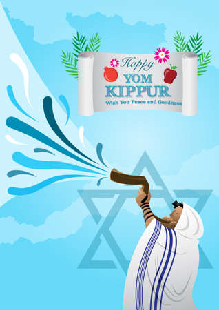 An illustration of Jewish man blowing the Shofar ramâs horn on Rosh Hashanah and Yom Kippur celebration dayのイラスト素材