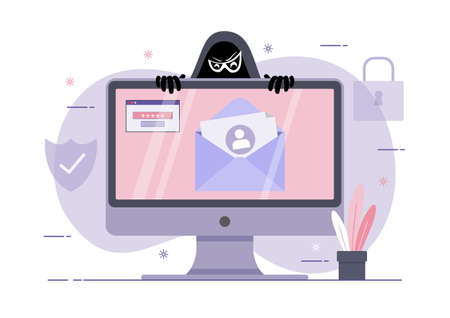 An illustration of Phishing scam, hacker attack on desktop computer. Attack hacker to data, phishing and hacking crimeのイラスト素材