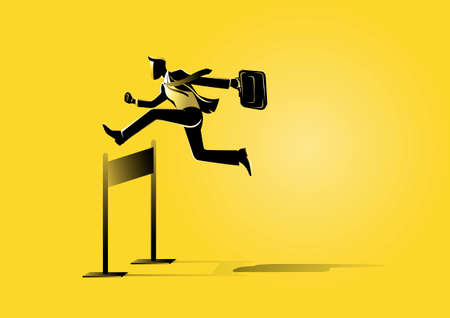 An illustration of a businessman run and jumping with briefcase across hurdles obstacleのイラスト素材