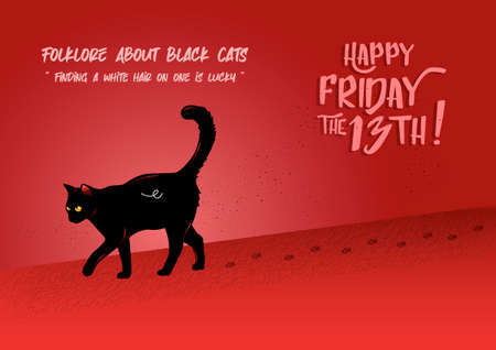 Illustration of a black cat walking with its footprints on a red backgroundのイラスト素材