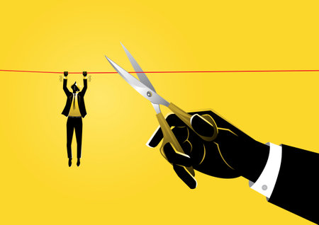 An illustration of a businessman hanging on rope meanwhile a giant hand with scissors is cutting the...