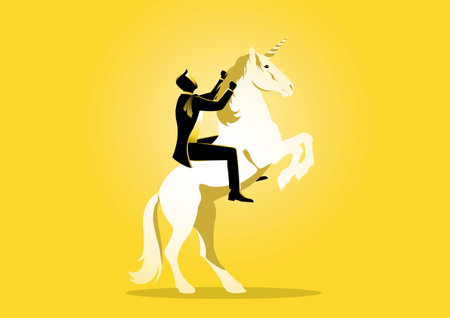 An illustration of a businessman riding a unicorn on yellow backgroundのイラスト素材