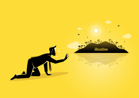 An illustration of an exhausted businessman crawling to a mirage of a vacationのイラスト素材