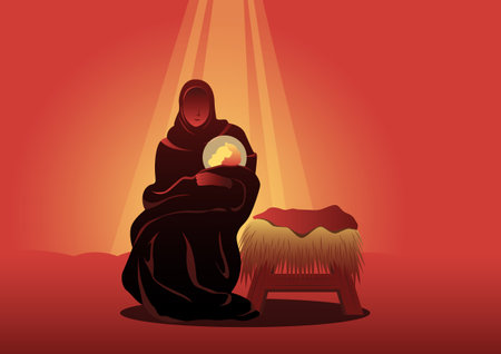 An illustration of Mary holding baby Jesus. Christmas theme. Biblical seriesのイラスト素材