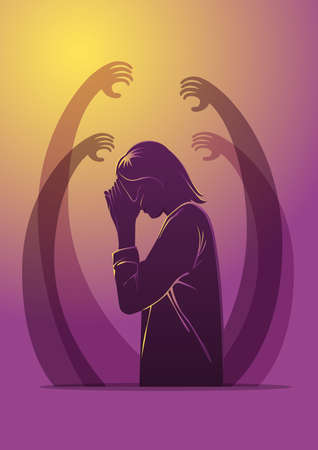 An illustration of sad unhappy young woman surrounded by hands with guiltのイラスト素材