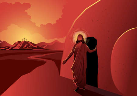 An illustration of Jesus walked out of a tomb on reddish backgroundのイラスト素材