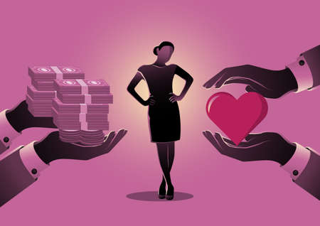 An illustration of a woman choosing between love or moneyのイラスト素材