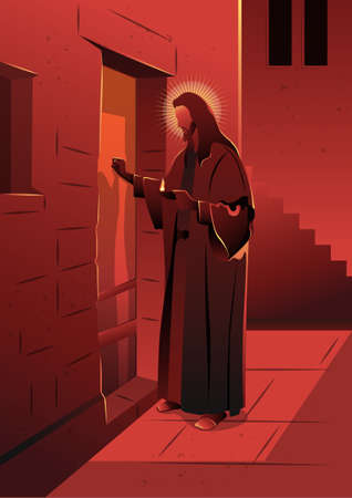 An illustration of Jesus Knocking on the Door. Biblical seriesのイラスト素材
