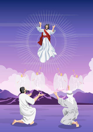 An illustration of the ascension day of Jesus Christ. Vector illustration.のイラスト素材