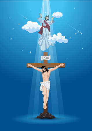 An illustration of the ascension day of Jesus Christ. Vector illustration.のイラスト素材