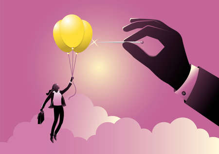 Businesswoman flying on idea balloon, hand holds needle ready to pierce the balloonのイラスト素材