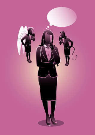 Businesswoman listening to the angel and devil that are whispering to his earsのイラスト素材