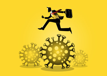 An illustration of a businessman jumping over to pass financial problem, survival during pandemic, virus outbreakのイラスト素材