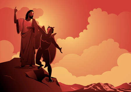 An illustration of depiction of the temptation of Satan to Jesus Christ. Biblical Seriesのイラスト素材