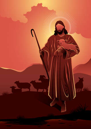 An illustration of Jesus as a good sheperd. Biblical Seriesのイラスト素材