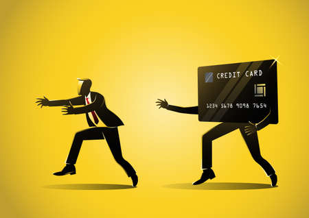 Business concept illustration of a credit card debt, businessman hunting by credit card