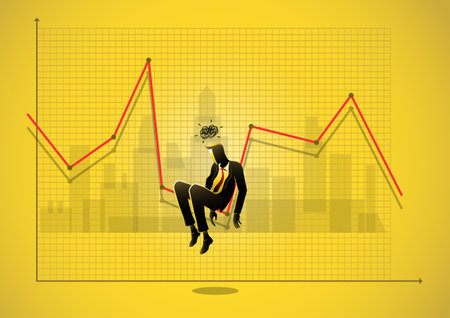 Business concept illustration of a stressed businessman sits down under downward arrow on chartのイラスト素材