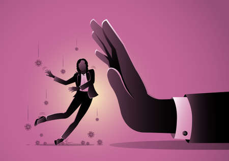 A businesswoman Falling Stumble Trip Over Around Corona Virus and a Giant Hand helped herのイラスト素材