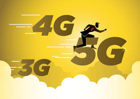 A businessman riding 5G symbol network wireless technology vector concept