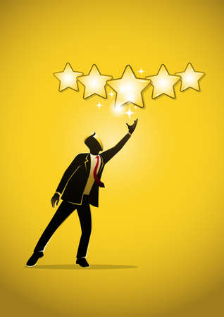 An illustration of a businessman giving five gold stars for rating, quality and business conceptのイラスト素材