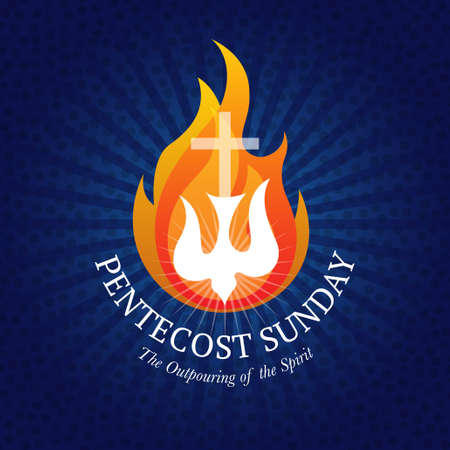 Pentecost day with dove in tongues fire. Vector illustrationのイラスト素材