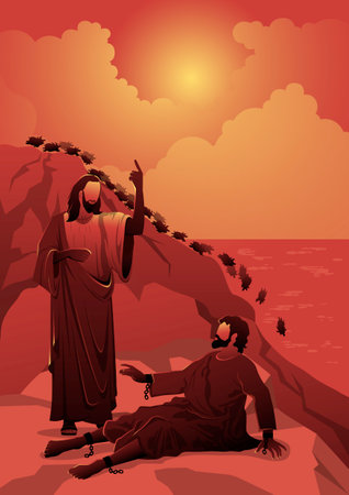 Exorcism of the Gerasene demoniac by Jesus Christ. Miracle of the Gadarene swine and the exorcism of Legion. Biblical Seriesのイラスト素材