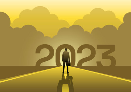 Aiming to reach new year goal, upcoming challenge or opportunity concept, Businessman standing on the road facing to 2023 ahead.のイラスト素材