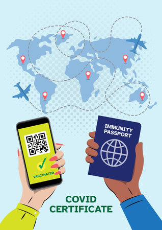 Hands with phone digital covid 19 certificate and Immunity passport, vaccine green pass. Tourist electronic passports without coronavirusのイラスト素材