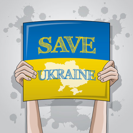 An illustration of Hands holding Ukraine Flag Banner. Save Ukraineのイラスト素材