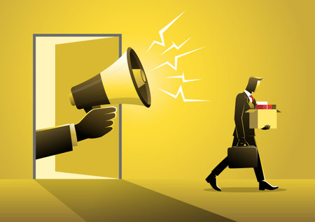 Manager with a megaphone fired businessman. Downsizing conceptのイラスト素材