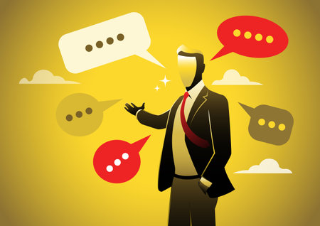 An Illustration of a confidence businessman talking with multiple speech bubbles. Verbal or oral communication skill.のイラスト素材