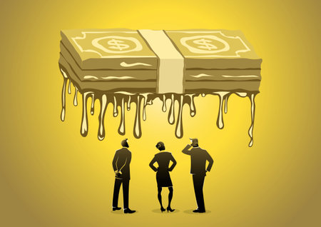An illustration of a group of people looking up at melting paper dollar conceptのイラスト素材